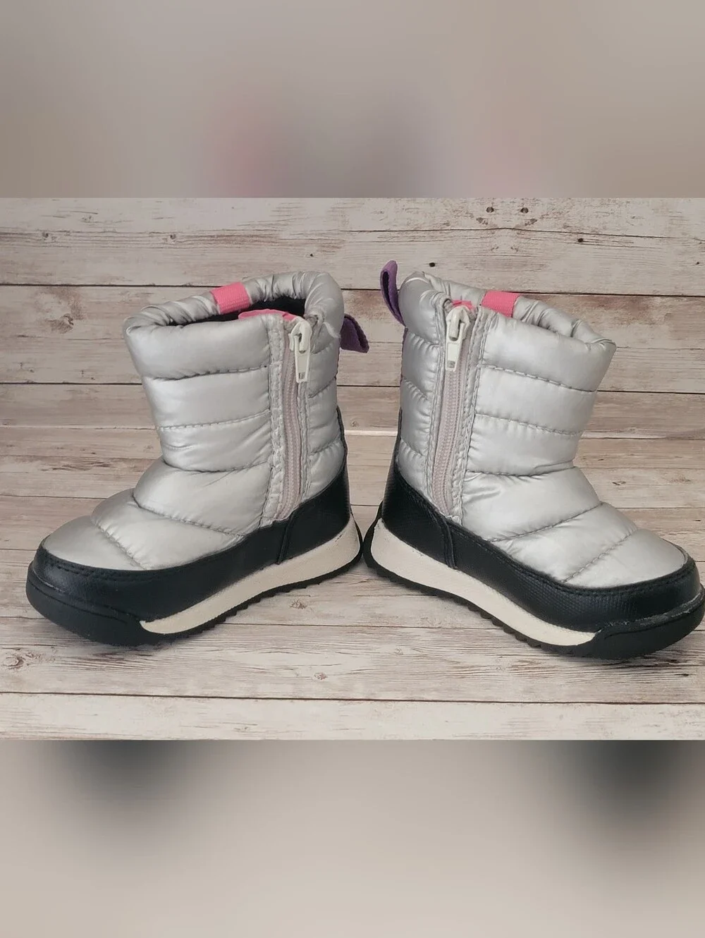 Wonder Nation Toddler Girls Puffy Winter Snow Boots - Size 7 -Silver/Pink Accent